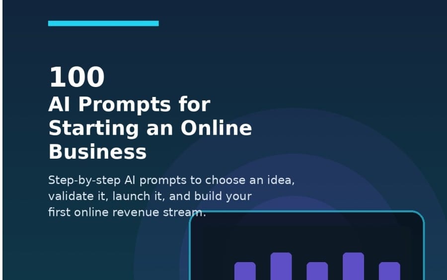 Promotional graphic for 100 AI prompts to start an online business with bold text and dark blue design