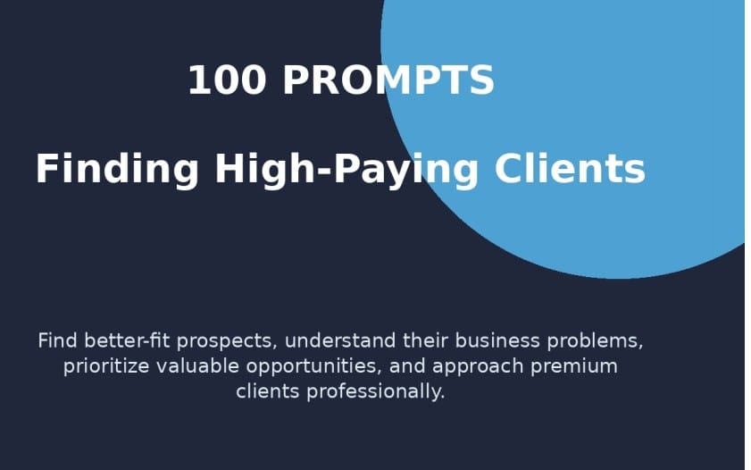Cover graphic for a digital product titled 100 Prompts for Finding High-Paying Clients with dark and blue text layout