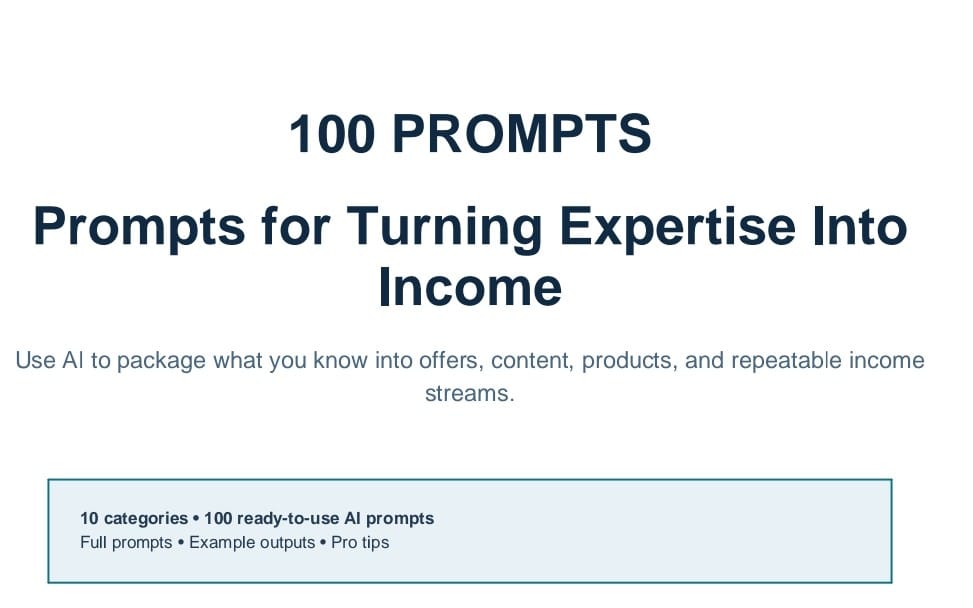 Promotional banner for a digital prompt pack titled 100 Prompts for Turning Expertise Into Income
