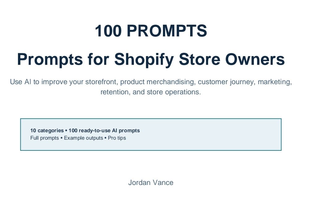Cover design for a digital product listing 100 AI prompts for Shopify store owners with categories and features
