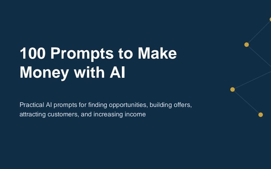 Digital ebook cover titled 100 Prompts to Make Money with AI featuring a dark blue layout and subtitle