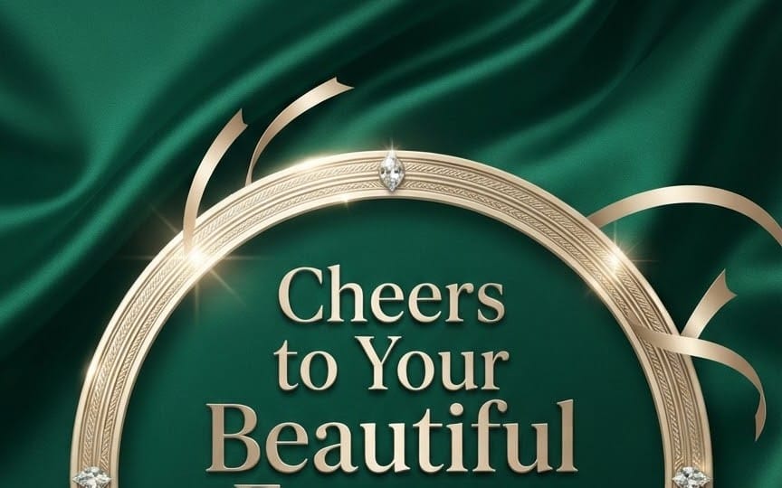 Emerald green wedding celebration greeting card design with ornate gold arch and decorative ribbons