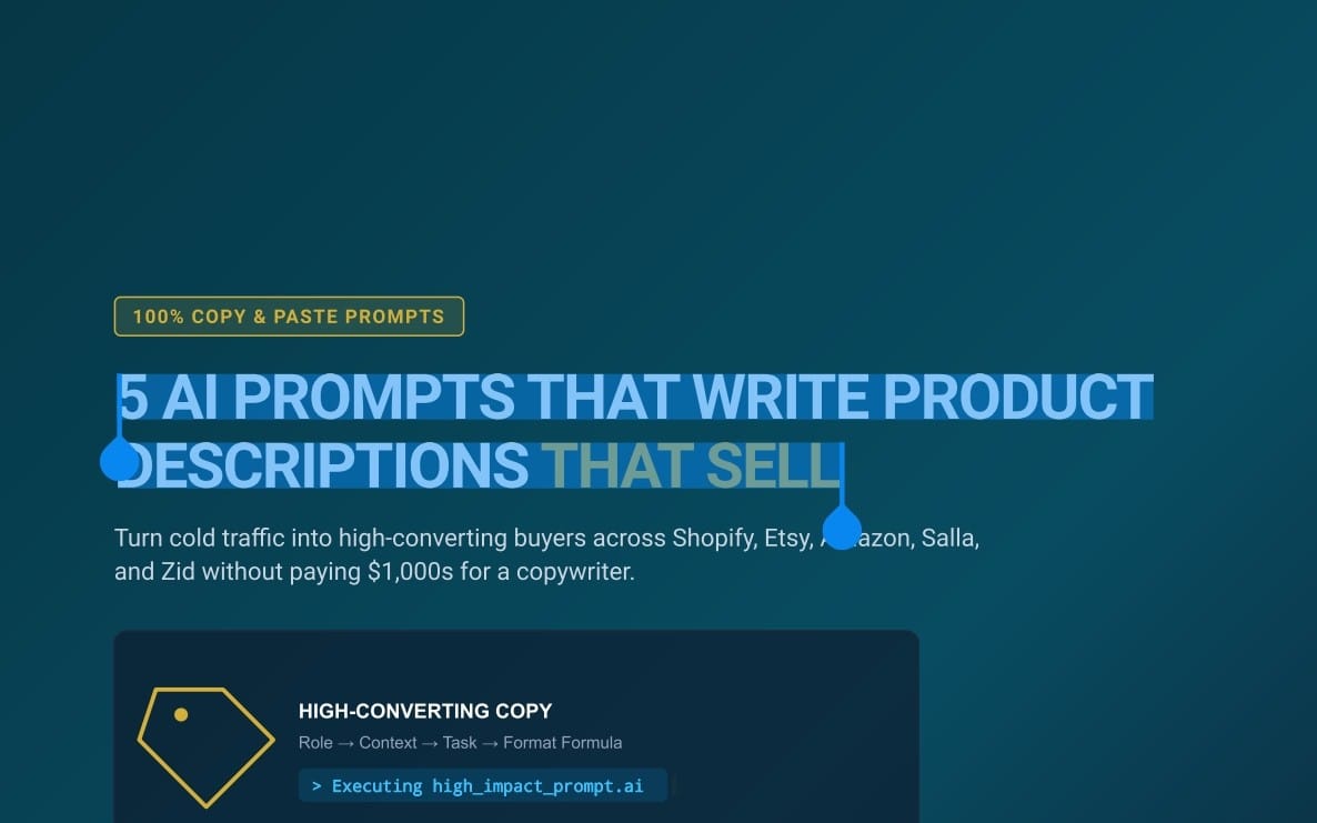 Teal promotional banner for a digital product offering five AI prompts to write selling product descriptions