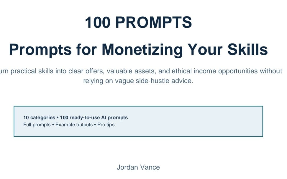 Promotional cover graphic for 100 prompts helping monetize skills with product listing writing