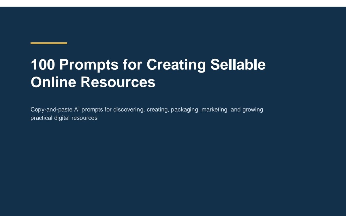 Dark blue title slide for a digital download featuring 100 AI prompts for creating sellable online resources