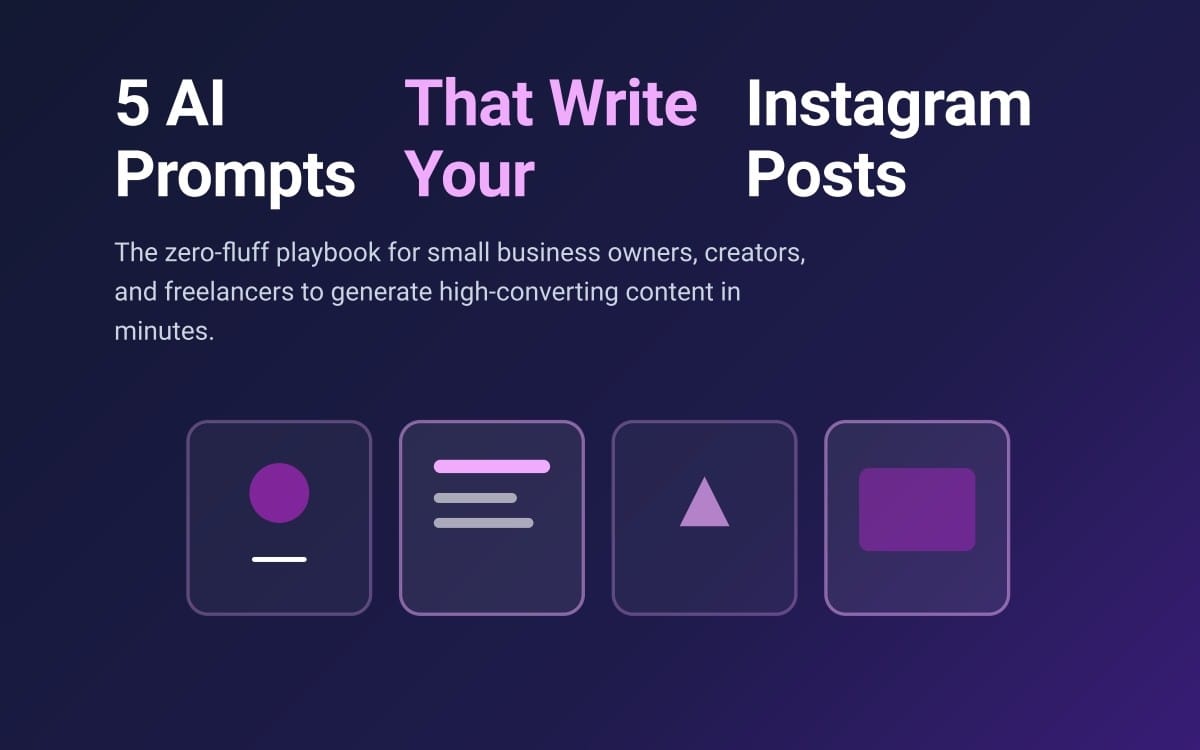 Promotional graphic for an AI prompt pack with text about writing Instagram posts and four illustrated content panels
