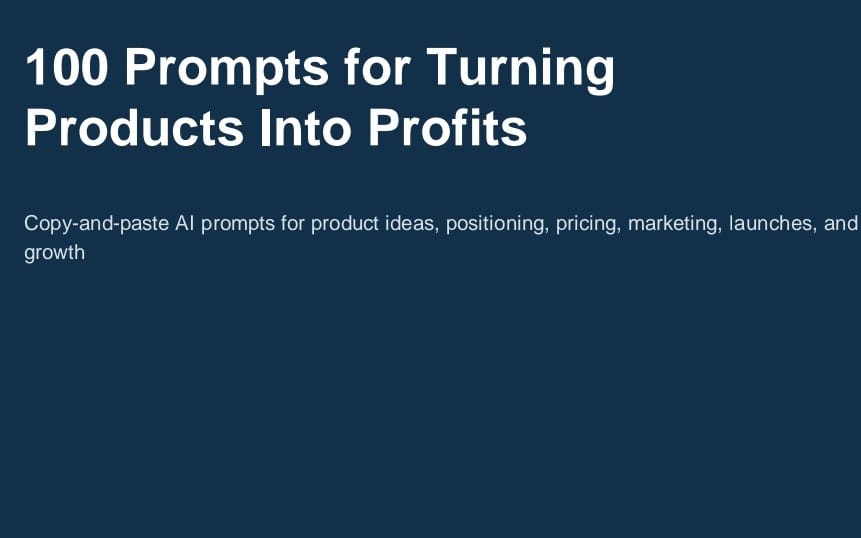 Digital ebook cover titled 100 Prompts for Turning Products Into Profits with copy-and-paste prompt description