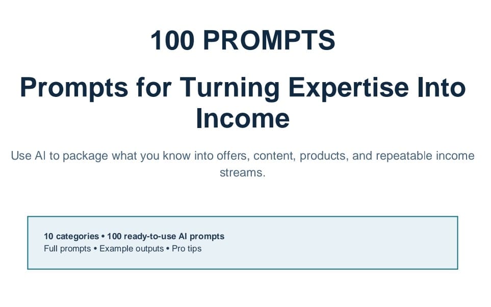 Promotional cover for a digital product ebook with 100 AI prompts about turning expertise into income