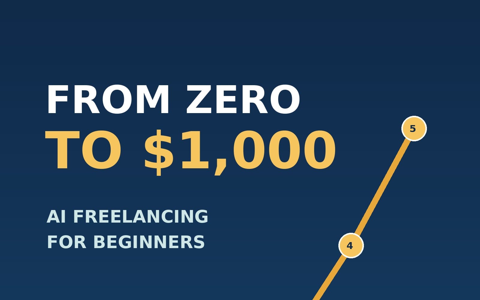 Blue tutorial cover graphic for an AI freelancing course for beginners, showing From Zero to $1,000 and step markers 4