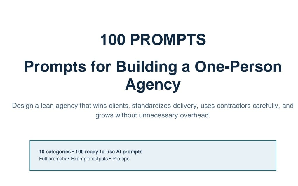 Minimal cover graphic for a digital resource: 100 prompts for building a one-person agency