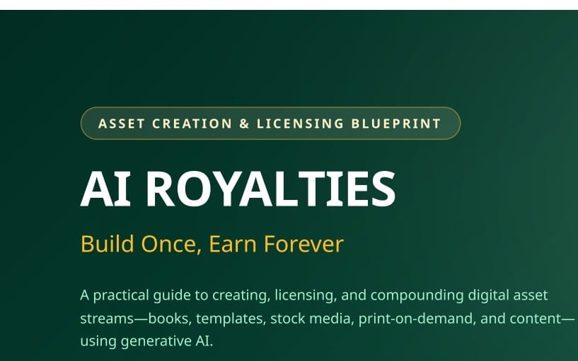 AI Royalties digital guide cover with Build Once, Earn Forever headline on dark green background