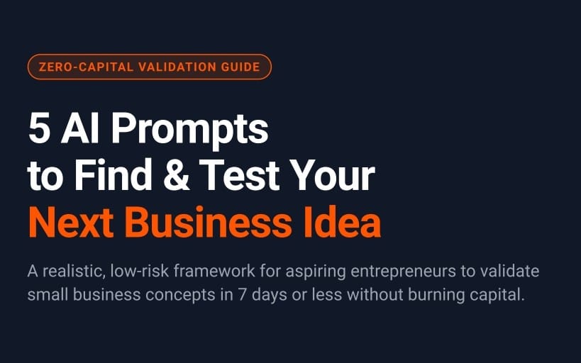 Dark promotional graphic for an AI prompt pack, featuring text 5 AI Prompts to Find & Test Your Next Business Idea