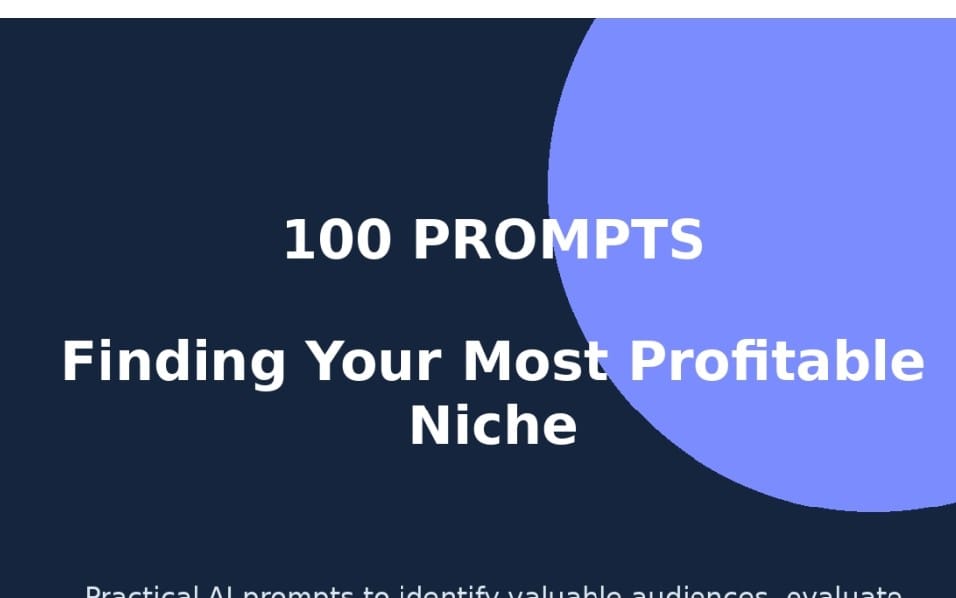 Cover for a digital prompt pack titled 100 Prompts for Finding Your Most Profitable Niche with blue abstract shapes