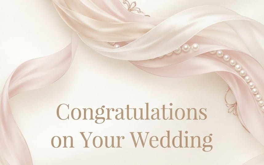 Pearl and silk wedding congratulations banner with elegant pink fabric swirls and pearl details and text