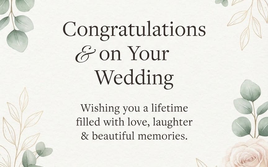 Elegant floral wedding congratulations card design with text and soft eucalyptus and rose corner accents