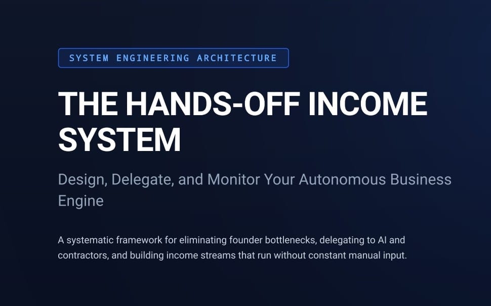 Digital course cover for The Hands-Off Income System with bold title and business system tagline on dark blue background