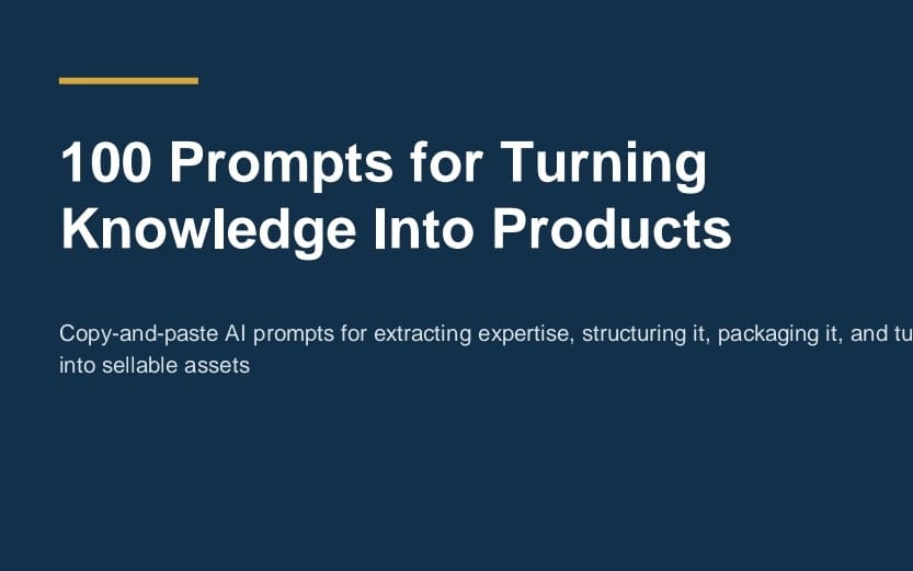 Cover graphic for a digital product titled 100 Prompts for Turning Knowledge Into Products with promotional text on