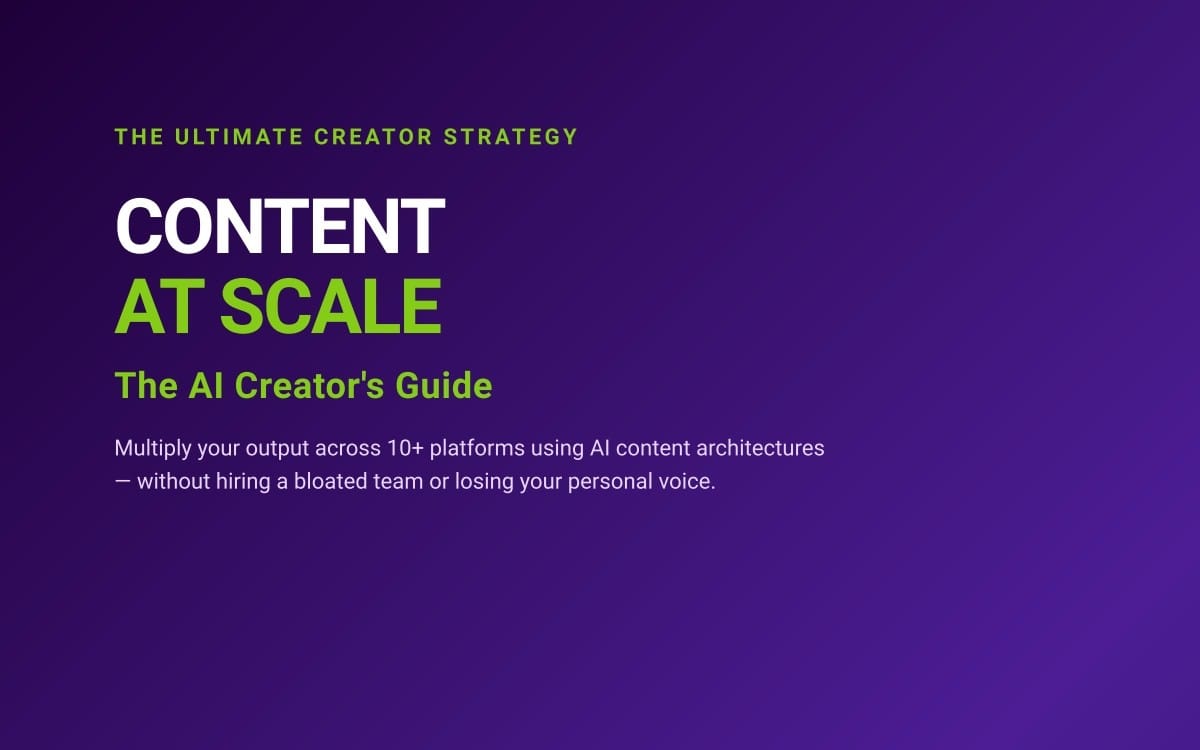 Purple promotional cover for Content at Scale The AI Creator's Guide book with bold green and white text