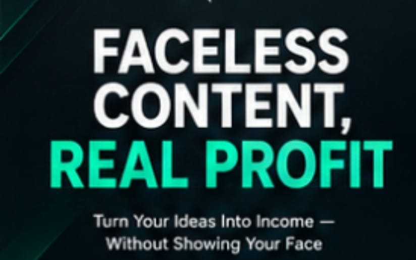Faceless content and real profit marketing graphic with bold text and dark teal background for a digital course