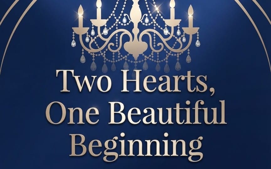 Royal blue wedding greeting card design with gold text Two Hearts, One Beautiful Beginning and chandelier hearts decor