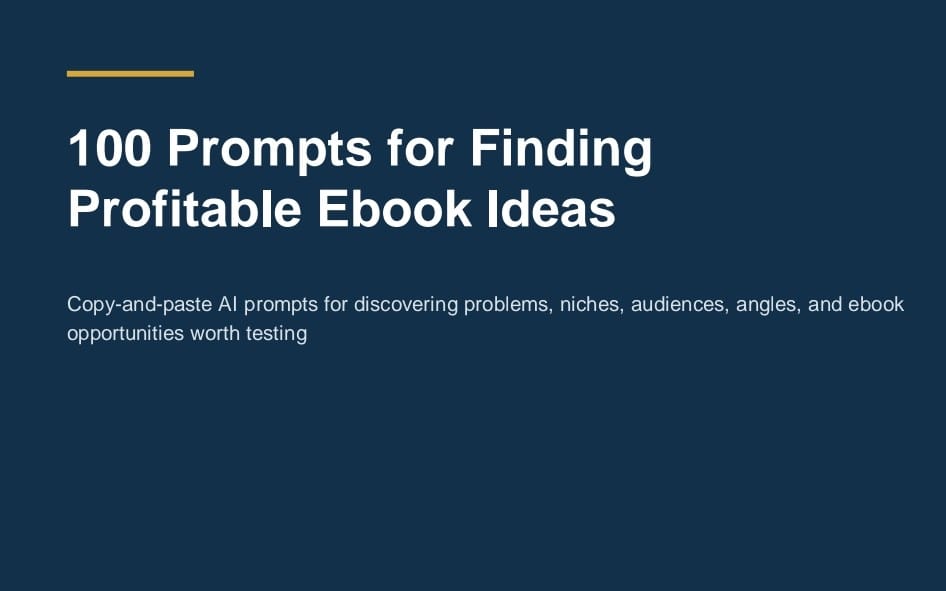 Blue ebook cover banner titled 100 Prompts for Finding Profitable Ebook Ideas with prompt description text