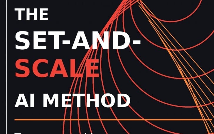 The Set-and-Scale AI Method digital ebook cover with bold text and red geometric arc lines on dark background