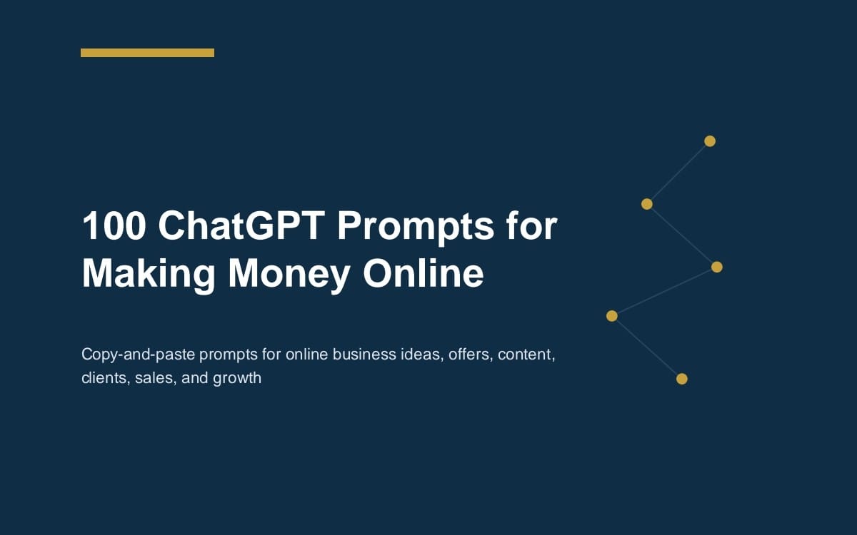 Dark blue marketing cover for a digital bundle featuring 100 ChatGPT prompts for making money online