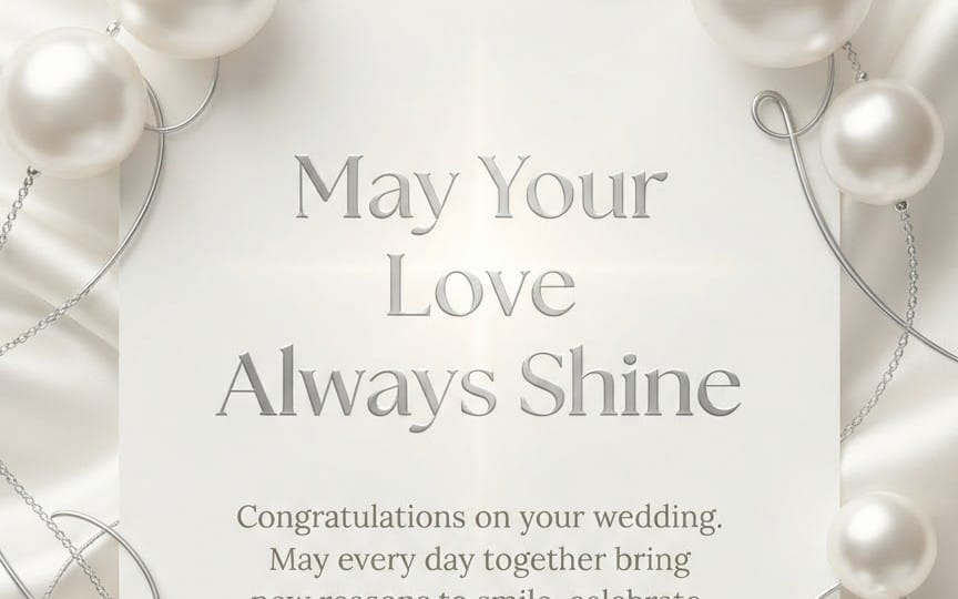 Ivory pearl and silver wedding card design with beaded balloons and May Your Love Always Shine text
