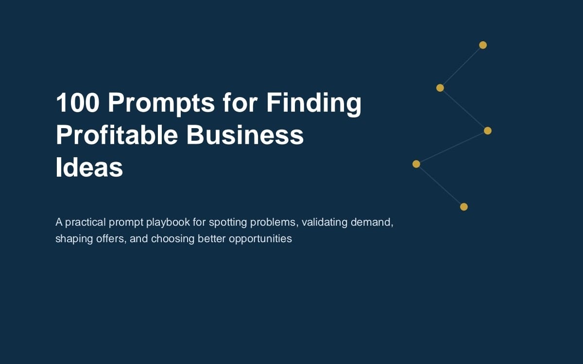 Blue ebook cover titled 100 Prompts for Finding Profitable Business Ideas with description text and connected dots