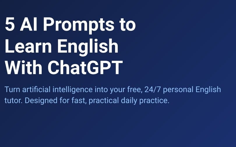 Blue ebook cover for a digital product with text 5 AI Prompts to Learn English With ChatGPT