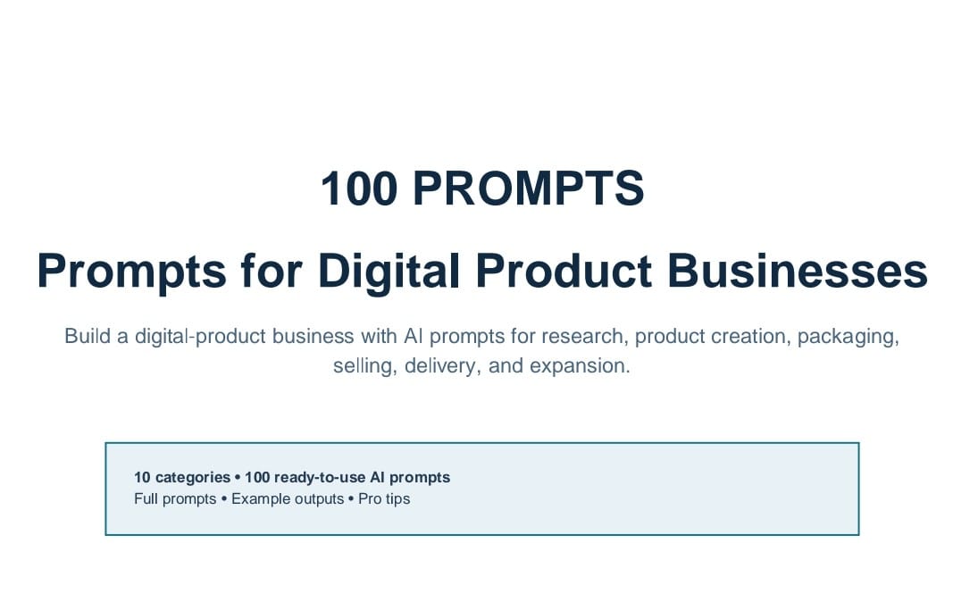Minimal title card for a digital product marketplace listing 100 prompts for digital product businesses