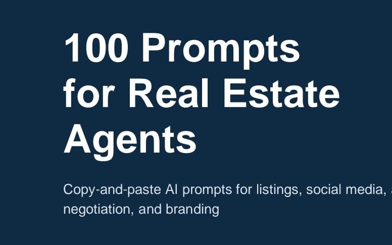 Graphic cover for a digital product with text 100 Prompts for Real Estate Agents and copy-and-paste AI prompts