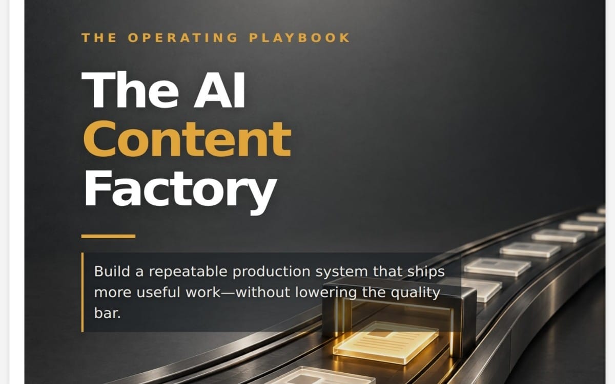 Digital book cover for The AI Content Factory with text and glowing conveyor graphic and blueprint-style layout