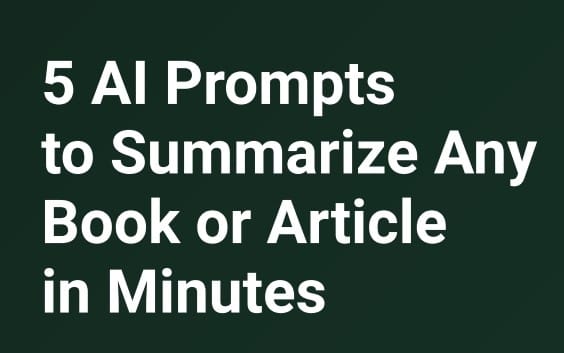 Green promotional graphic for a digital product featuring text 5 AI Prompts to summarize any book or article in minutes