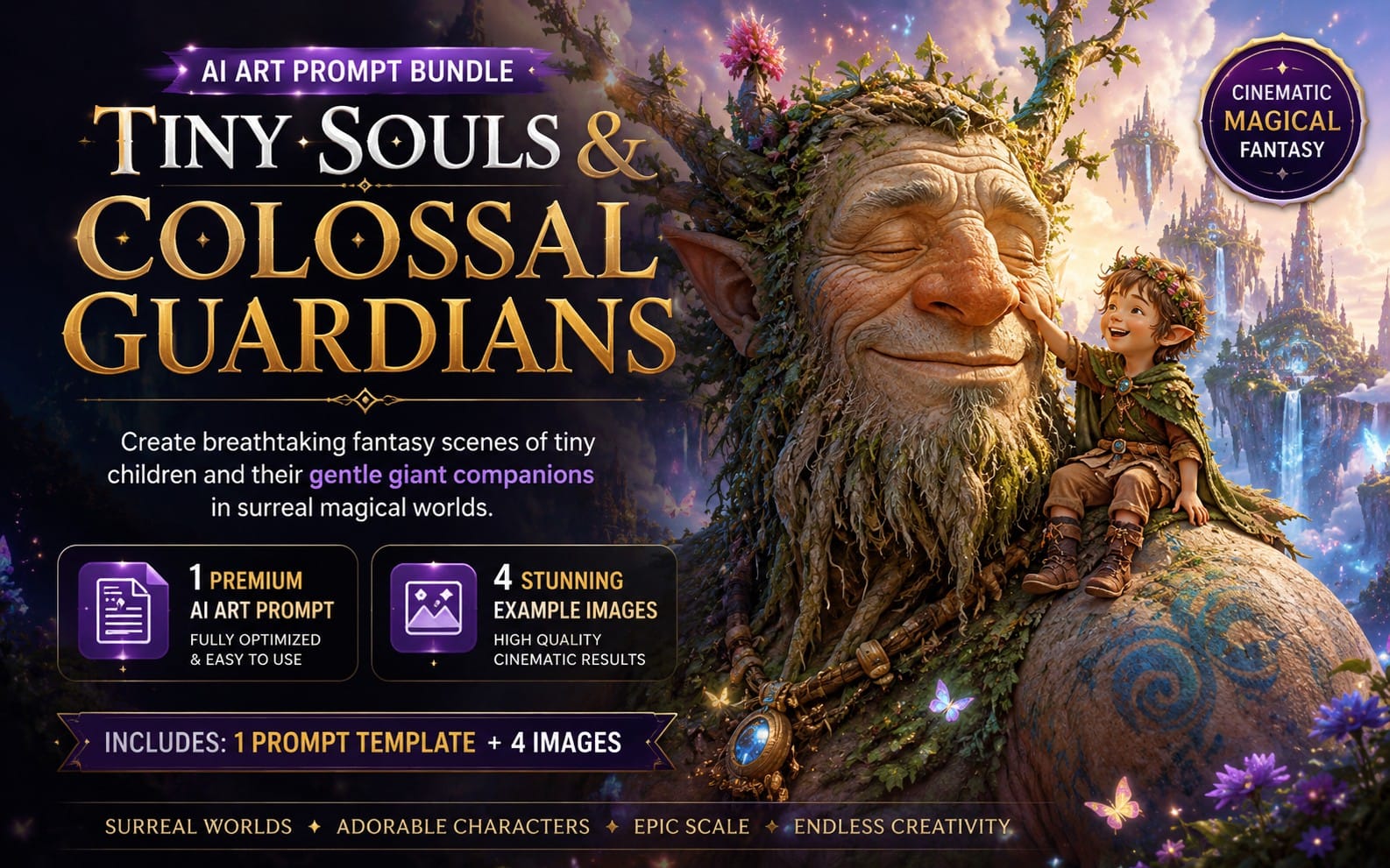 Tiny Souls & Colossal Guardians: Surreal Fantasy Giant Companions AI Art Bundle