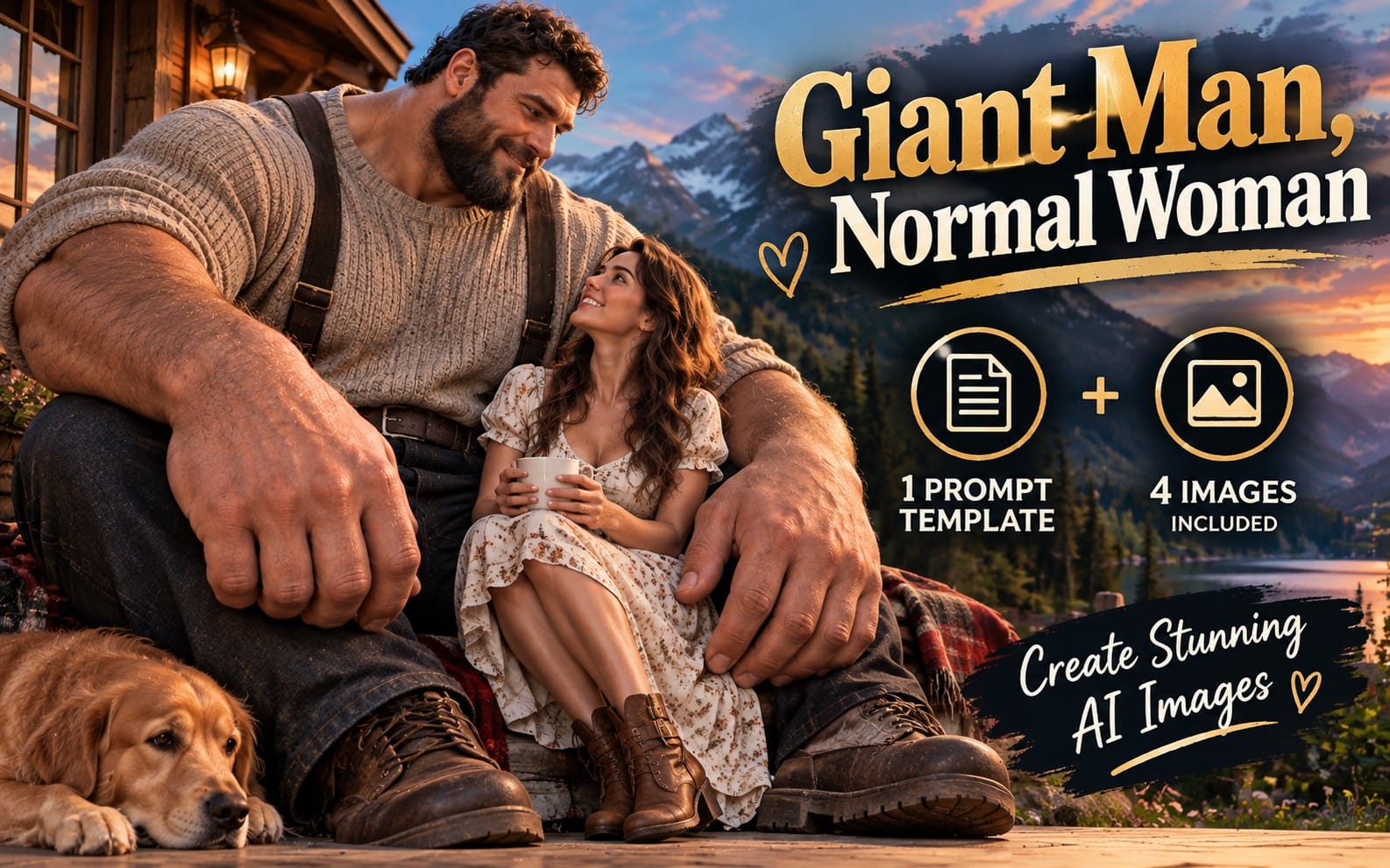 Giant man and normal woman embracing with a dog on a mountain cabin backdrop, AI image bundle promotional cover