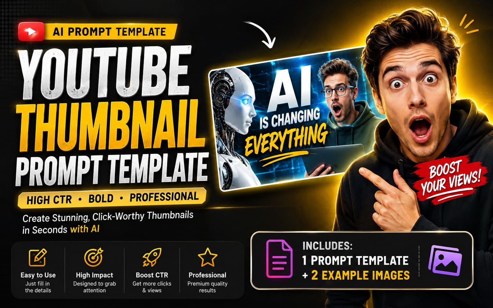 YouTube thumbnail prompt template banner with bold text, AI robot graphic, and excited man for high-CTR design