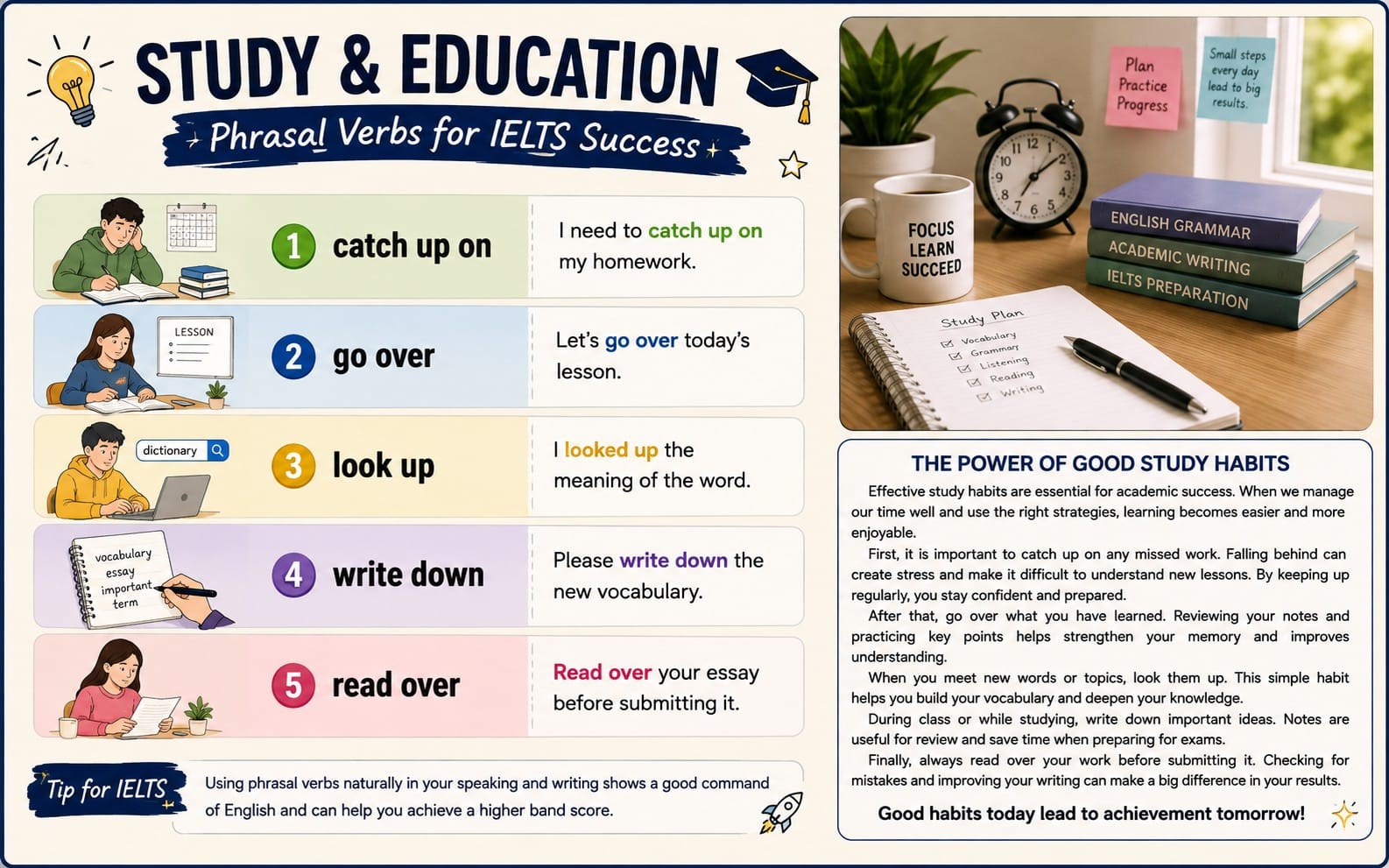 Study & education poster set about English phrasal verbs for IELTS with example phrases, students, and study tips layout
