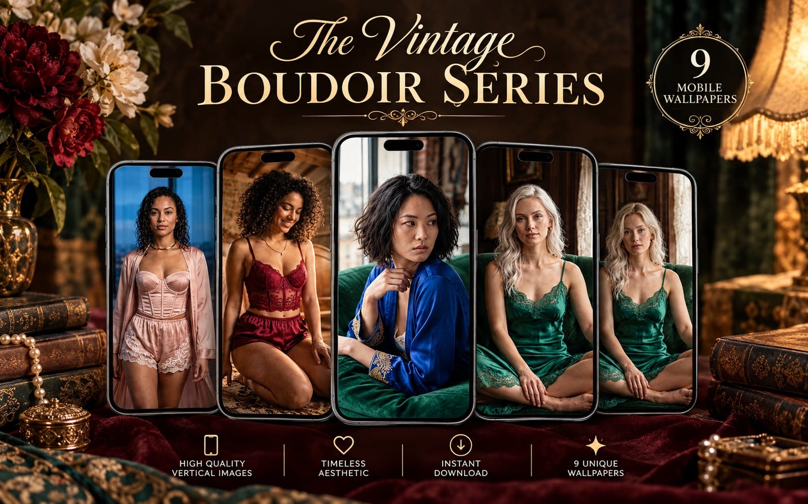 Set of 9 vintage boudoir mobile wallpapers featuring women in satin lingerie, framed phones on dark floral backdrop