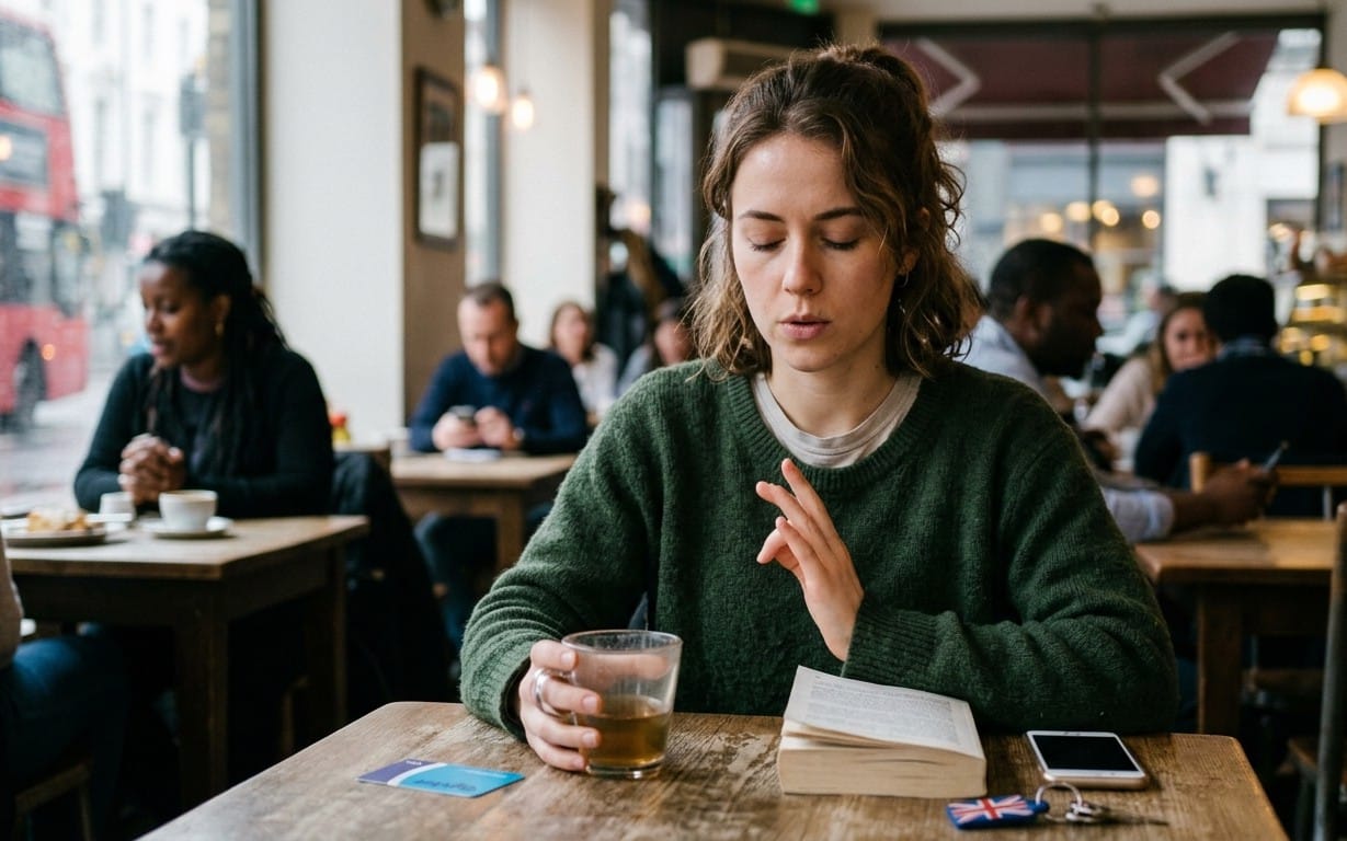 Woman in a café holding a tea cup and hand to chest, representing an anxiety relief for women digital guide