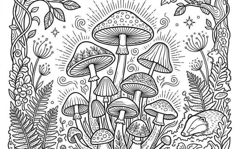 Adult printable mushroom forest coloring book page with detailed line art fungi, leaves, and woodland elements