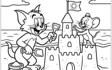 Kids coloring book page featuring Tom and Jerry building a sandcastle at the beach in black and white line art game