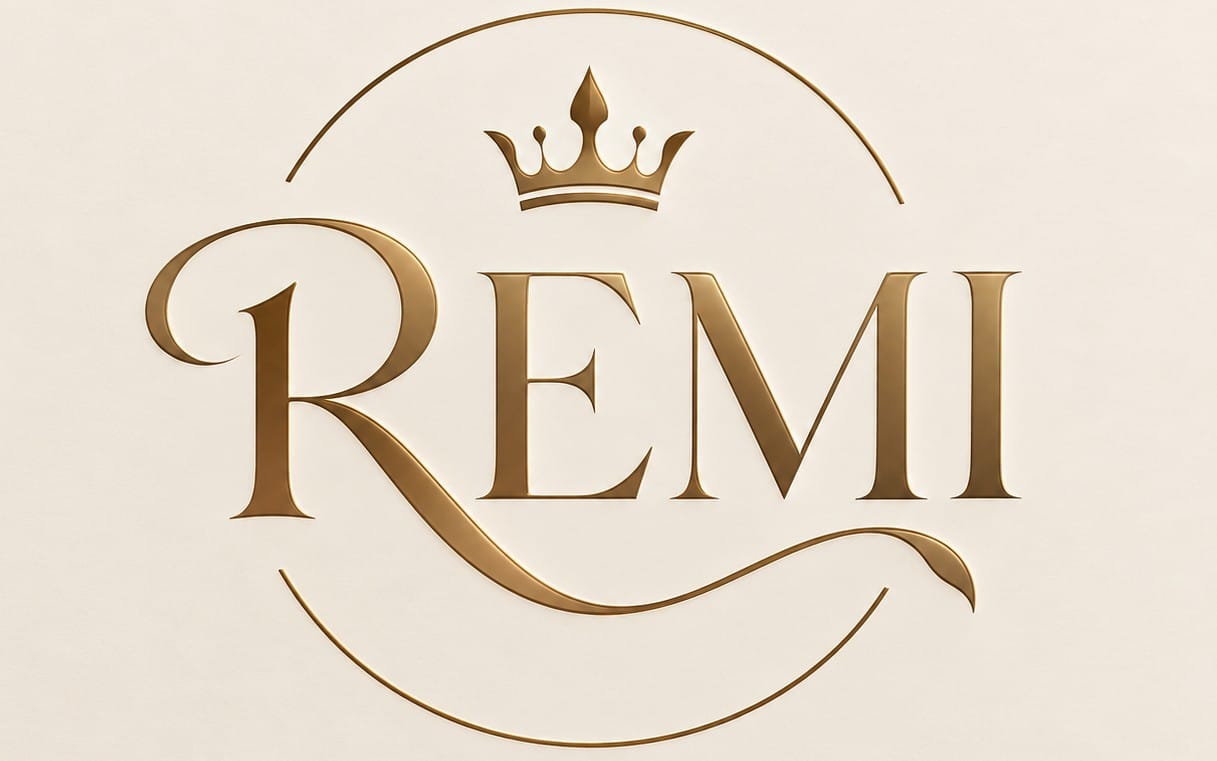 شعار ذهبي باسم REMI مع تاج وخط زخرفي، يعلن دليل الأحجار الكريمة رقمي