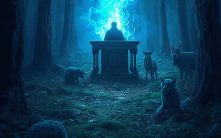 Blue Forest Court fantasy game artwork showing a hooded figure at a glowing altar with wolves in a misty forest
