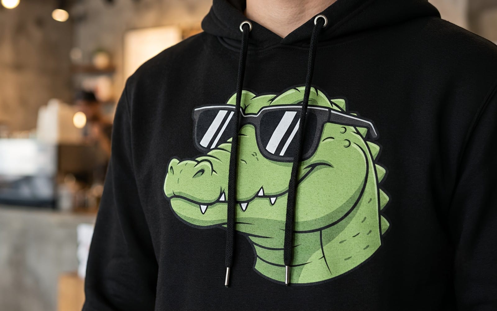 Cartoon green gator wearing sunglasses on a hoodie, digital art print design