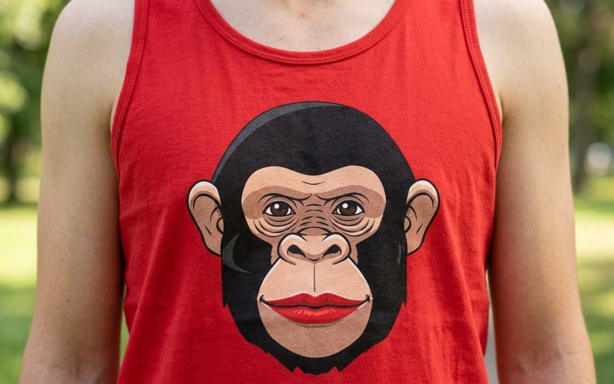 Chimpanzee character with red lipstick on a red tank top, digital vector art design
