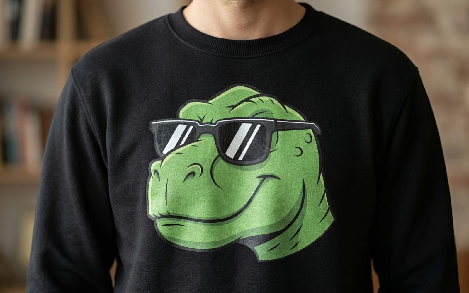 Cartoon cool T-rex wearing sunglasses digital artwork graphic printed on a black sweatshirt for merch