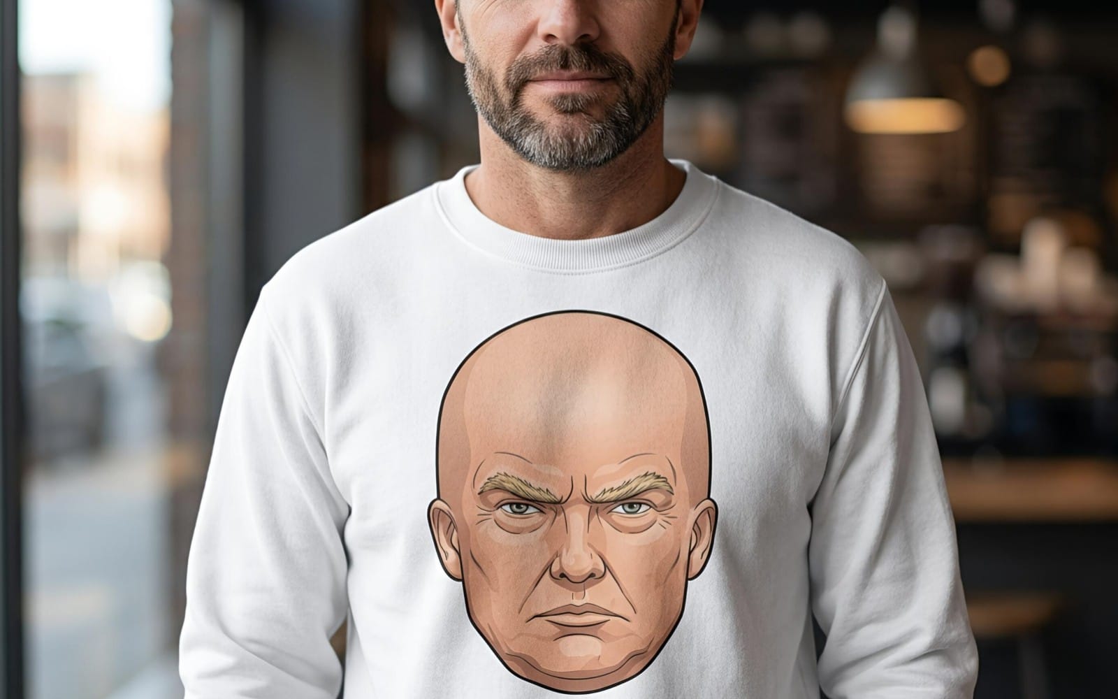 Man wearing a white sweatshirt with a bald Trump-style digital art face graphic print