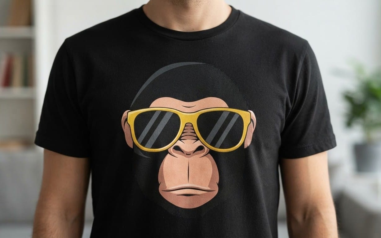 Man wearing a black T-shirt featuring a cartoon chimp with gold sunglasses, digital art design on clothing