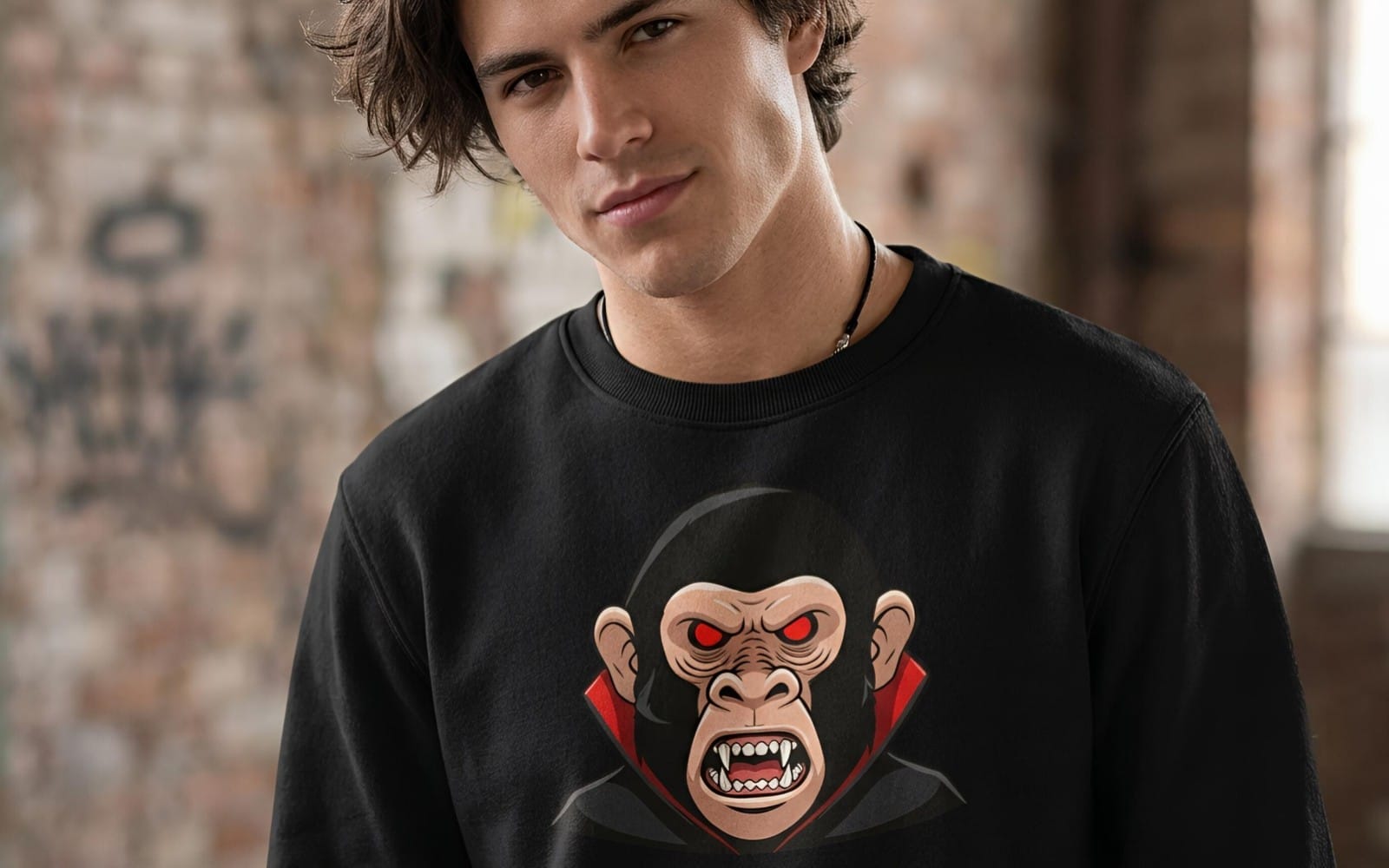 Man wearing a black shirt with a vampire chimp graphic, digital art design